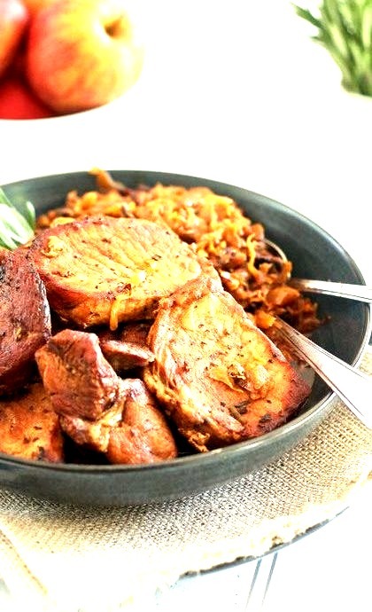 Pork Chops with Braised Bacon and Apple Cabbage