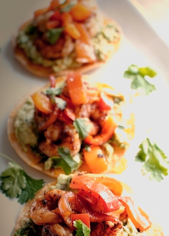 Simple Shrimp and Guacamole Tostadas by Bev Cooks