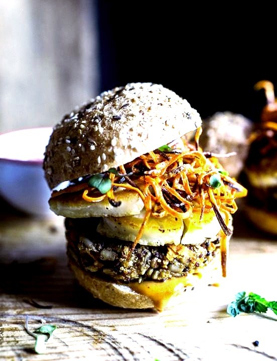 Sunflower Seed Veggie Burgers with Fried Halloumi + Curried Tahini Sauce